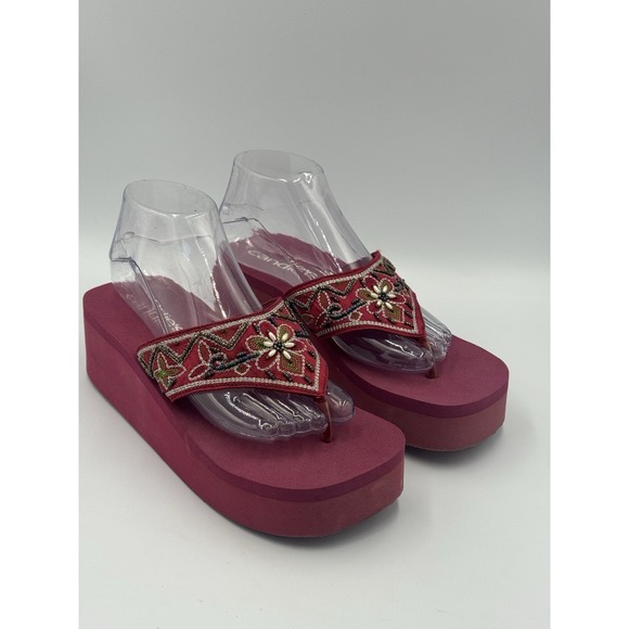 Y2K Candies Pink Platform Wedge Sandals Beaded Embroidered Thong Flip Flops Sz 9 - Picture 1 of 9